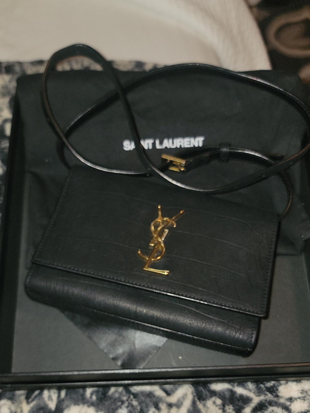 Saint Laurent Black Leather Waist Bag , Clutch ,Bum Bag with Gold YSL..Authentic